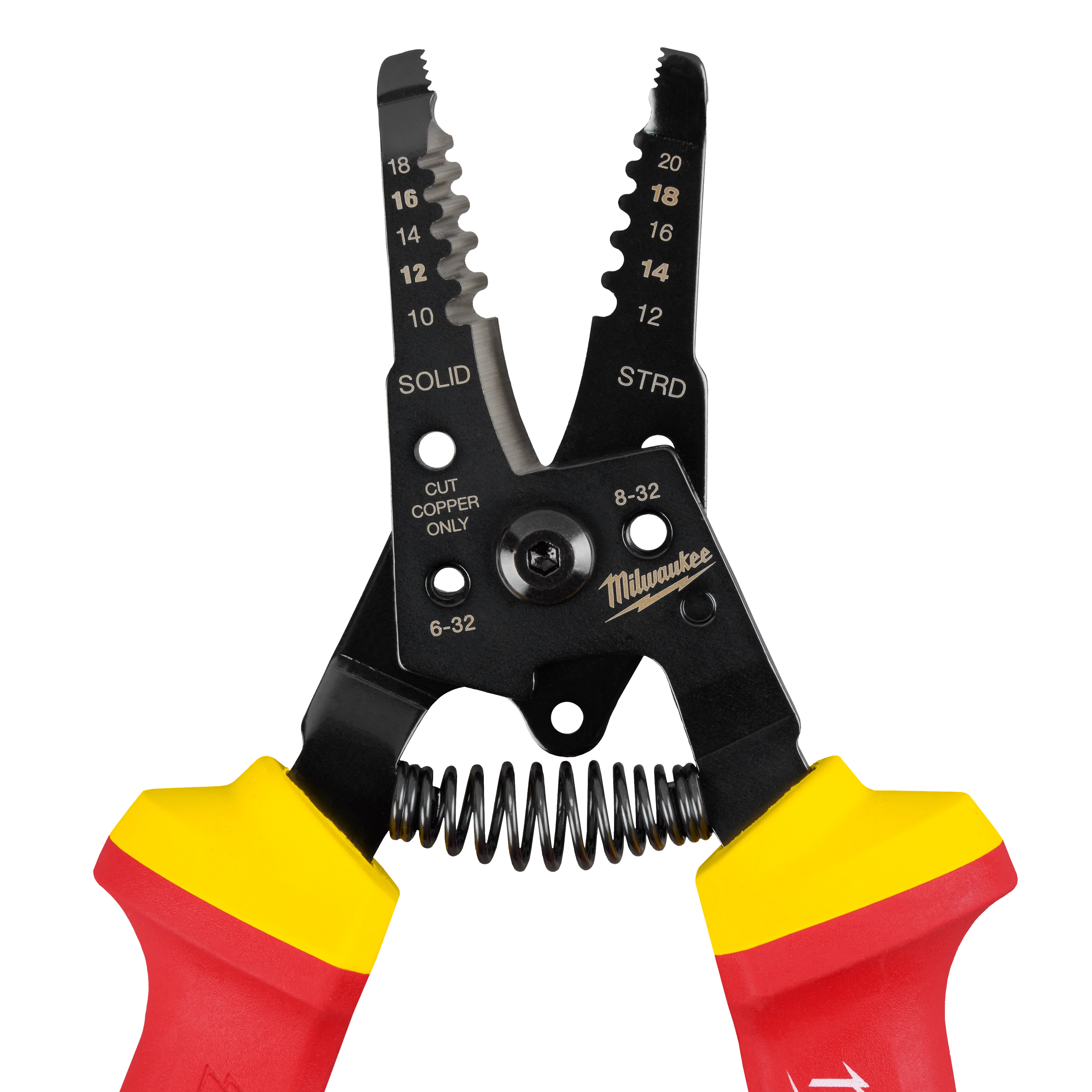 1000V Insulated 10-20 AWG Wire Stripper & Cutter with red and yellow handles, spring mechanism, and multiple gauge options.