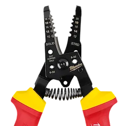 1000V Insulated 10-20 AWG Wire Stripper & Cutter with red and yellow handles, spring mechanism, and multiple gauge options.
