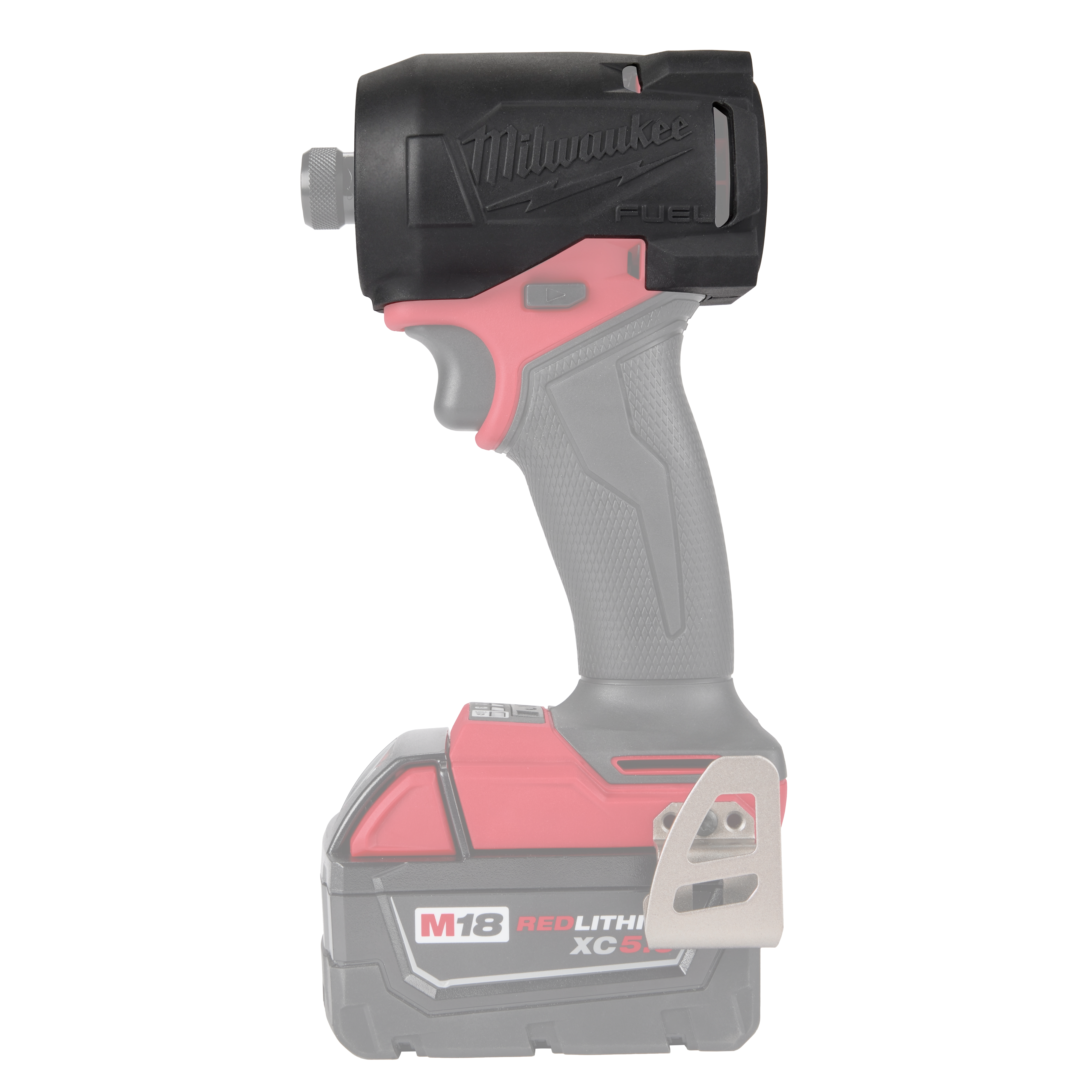 M18 FUEL 1/4" Hex Impact Driver with a black and red handle, textured grip, trigger switch, and REDLITHIUM XC5.0 battery.