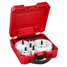 The 21PC GP HOLE DOZER HS KIT includes white hole saws of various sizes neatly organized in a red plastic carrying case.