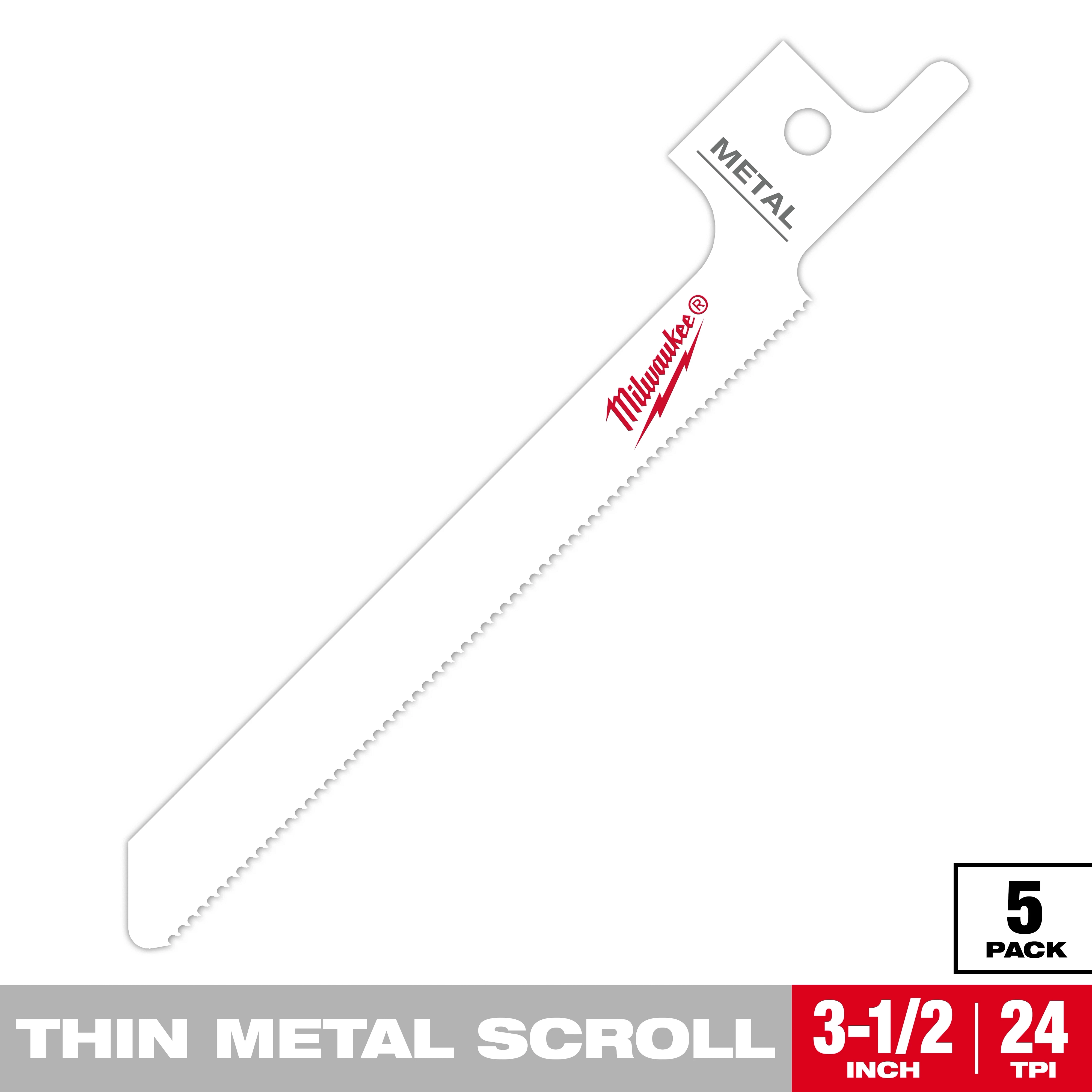 Milwaukee Thin Metal Scroll Blade, 3-1/2 inches long and 24 teeth per inch (TPI), designed for metal cutting. Sold in a pack of five.