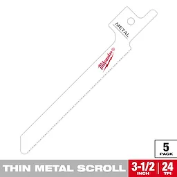 Milwaukee Thin Metal Scroll Blade, 3-1/2 inches long and 24 teeth per inch (TPI), designed for metal cutting. Sold in a pack of five.