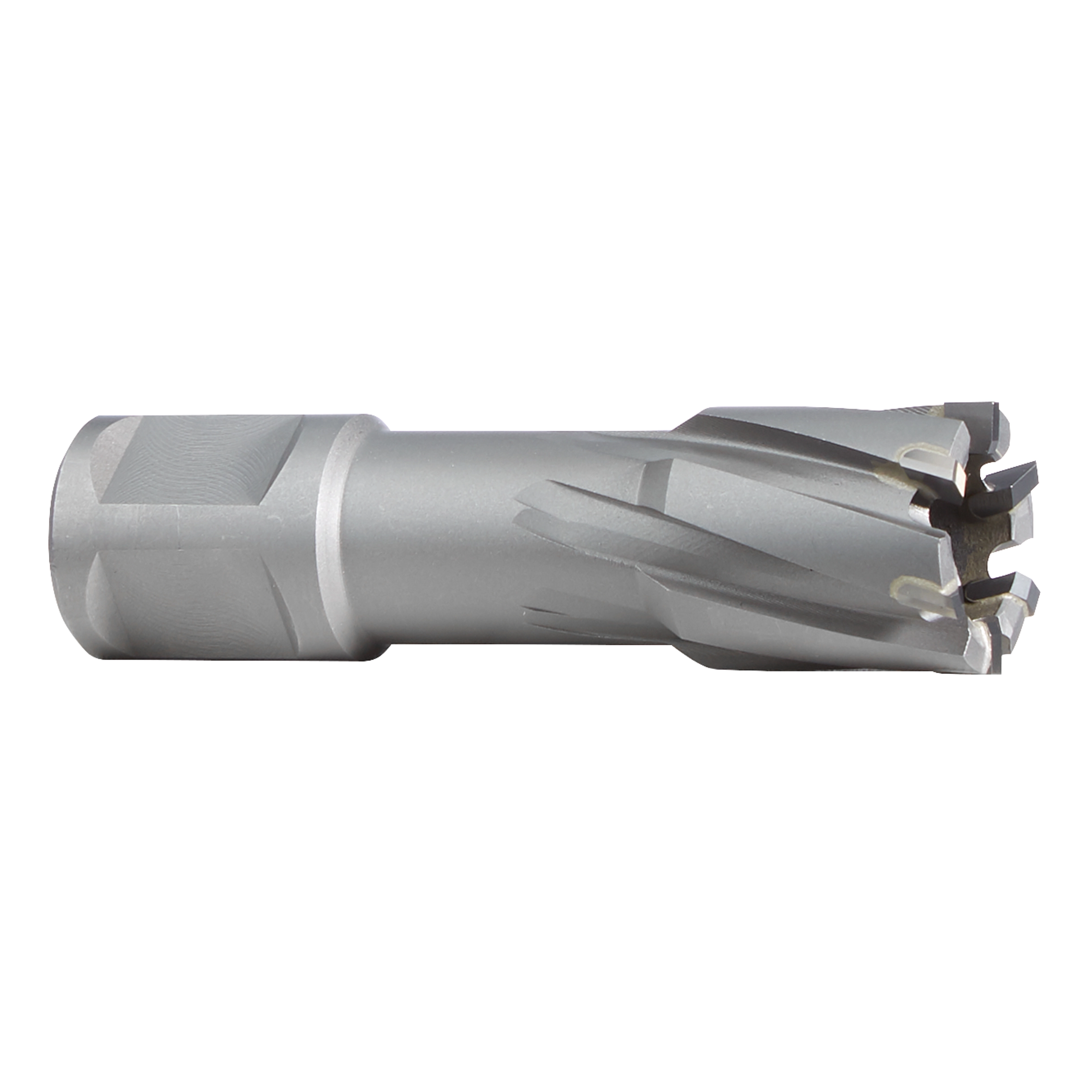 13/16" Annular Cutter, a cylindrical, silver tool with cutting edges designed for creating precise holes in metal.