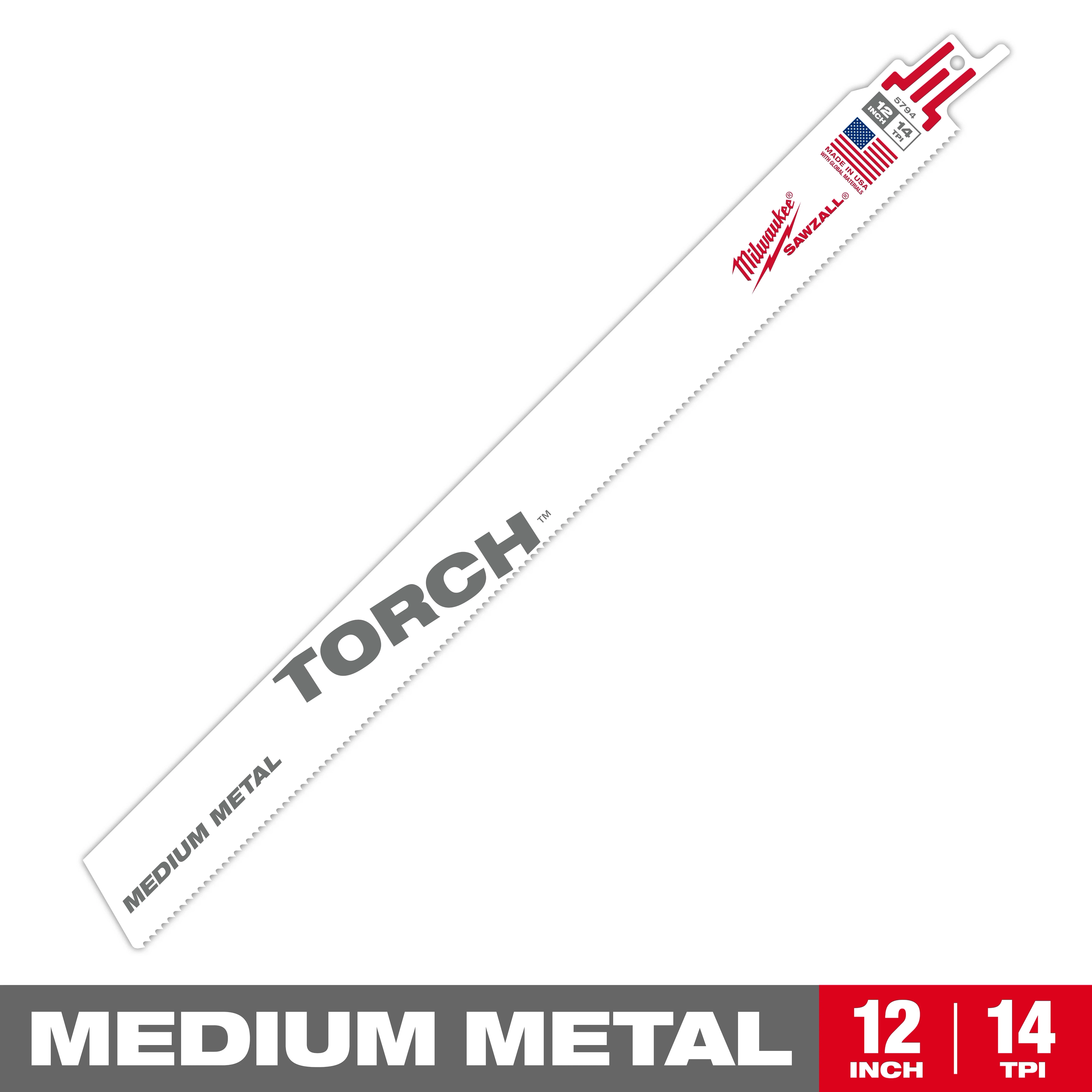 Milwaukee Torch 12-inch reciprocating saw blade for medium metal cutting. The blade has 14 TPI (teeth per inch) with white and red branding and a U.S. flag icon.