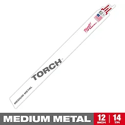 Milwaukee Torch 12-inch reciprocating saw blade for medium metal cutting. The blade has 14 TPI (teeth per inch) with white and red branding and a U.S. flag icon.
