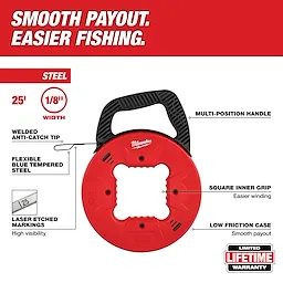 Red 25' 1/8" Steel Fish Tape featuring a multi-position handle, low friction case, square inner grip, and laser etched markings.