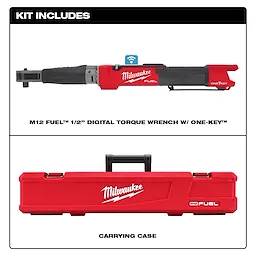M12 FUEL 1/2" Digital Torque Wrench with ONE-KEY Kit Includes features a digital torque wrench and a red carrying case.