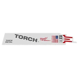 Milwaukee 6" 10 TPI The Torch™ SAWZALL® Blade designed for cutting thick metal, features a gray blade with red and black branding, an American flag, and "Thick Metal" text. Comes in a pack of five. Blade has 10 teeth per inch for efficient cutting.