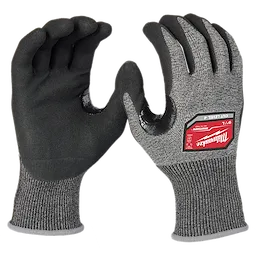 Cut Level 4 High-Dexterity Nitrile Dipped Gloves - L, featuring black nitrile-coated palms and gray knit fabric on the back.