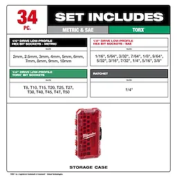34pc 1/4” Drive Ratchet & Low-Profile Bit Socket Set layout with labeled sizes and a red storage case shown below.
