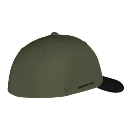 WORKSKIN Performance Fitted Hat in olive green with black brim, featuring stitch detailing and ventilation holes.