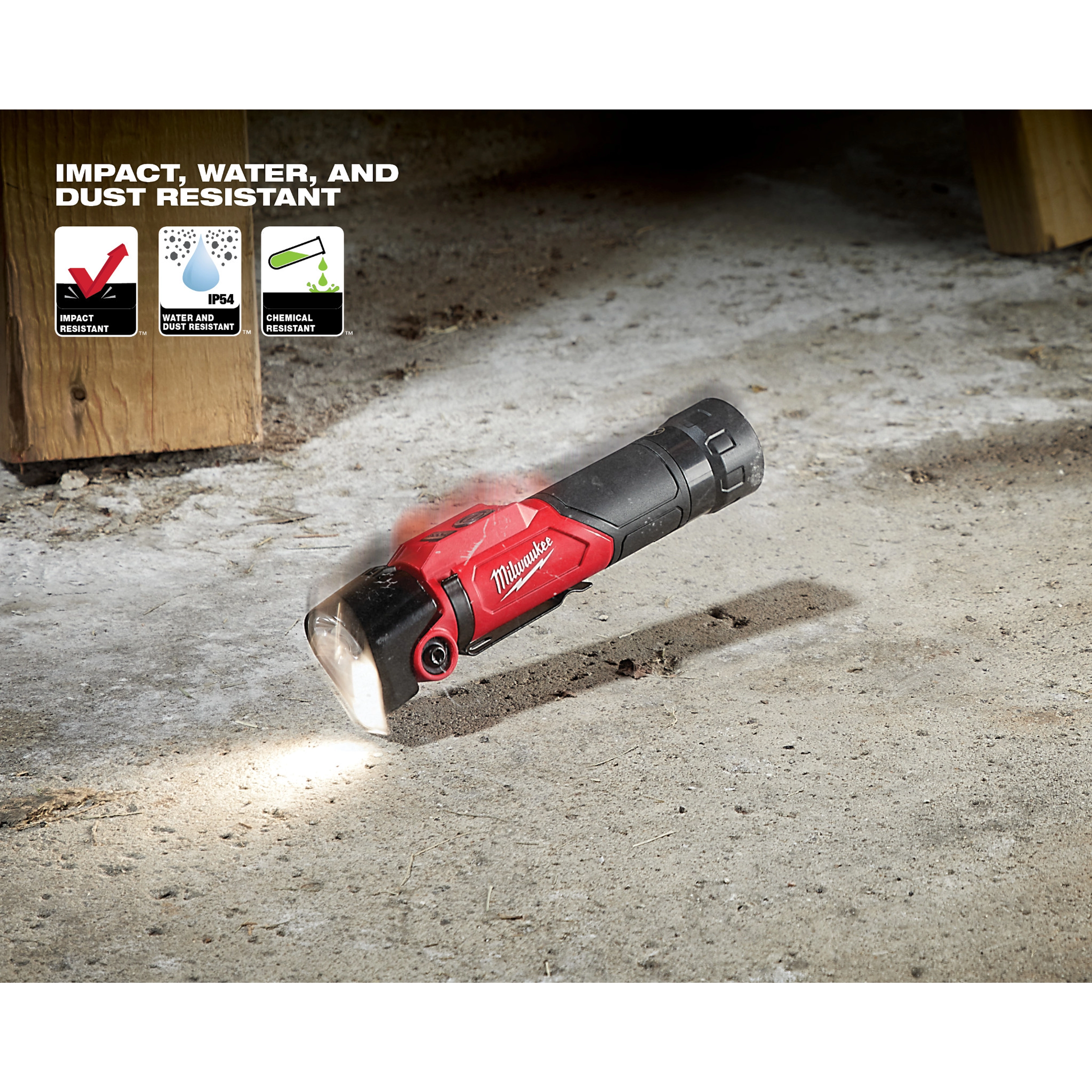 Red and black flashlight 2113-21 on a sandy surface, showcasing impact, water, and dust resistance with certain rating icons.