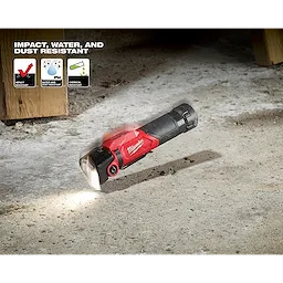Red and black flashlight 2113-21 on a sandy surface, showcasing impact, water, and dust resistance with certain rating icons.