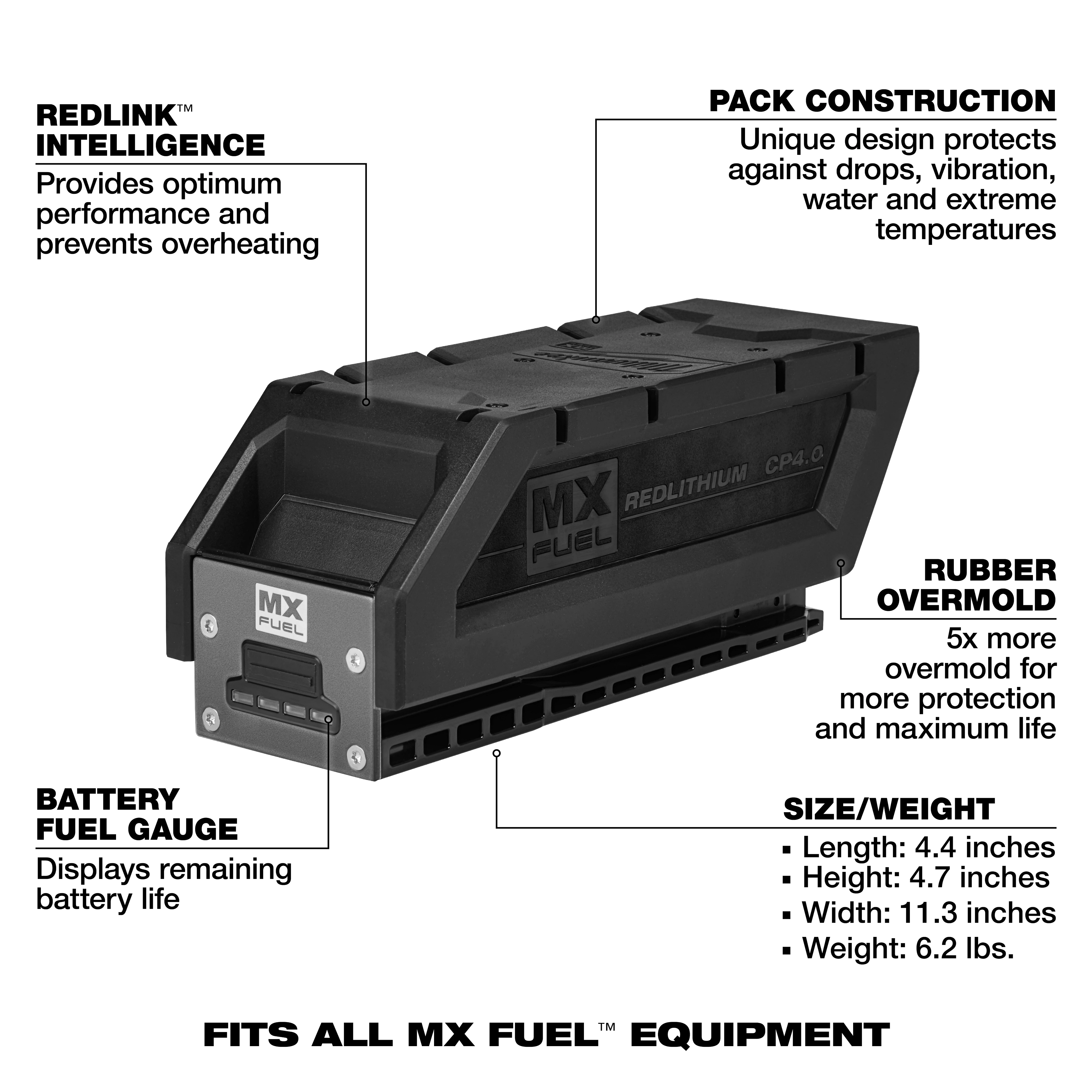MX FUEL REDLITHIUM CP4.0 Battery Pack shown with labeled features and specifications around it.