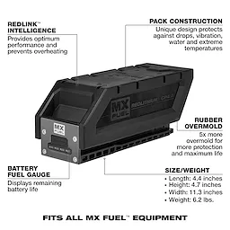 MX FUEL REDLITHIUM CP4.0 Battery Pack shown with labeled features and specifications around it.