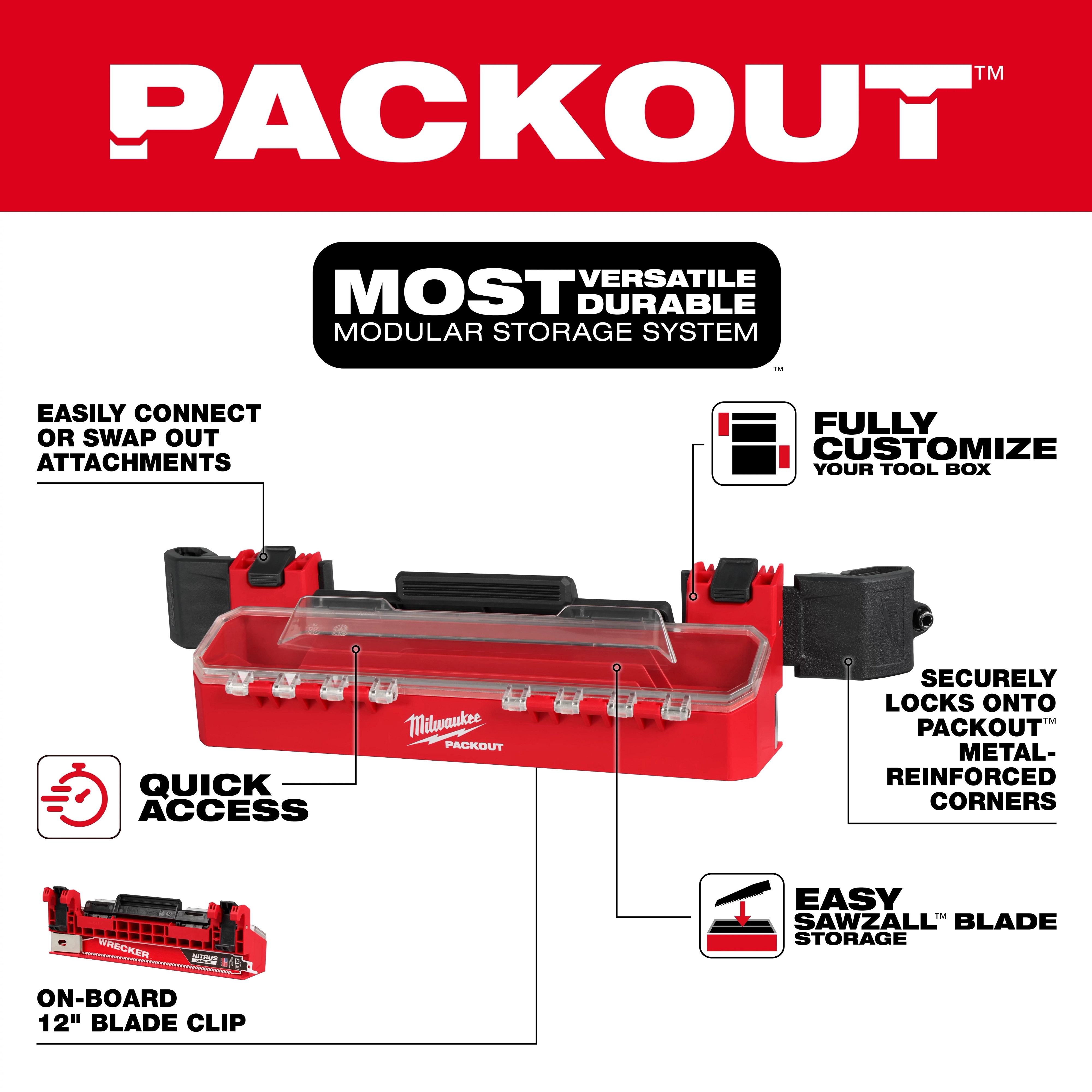 PACKOUT Tool Box Accessory Case Attachment features secure locks, customizable storage, quick access, and 12-inch blade clip.