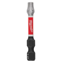 The image shows a SHOCKWAVE™ 2" Impact Duty TORX® T27 Power Bit. It features a red and black design with the Milwaukee logo in white on a red background. The T27 size is marked on the black portion of the bit.