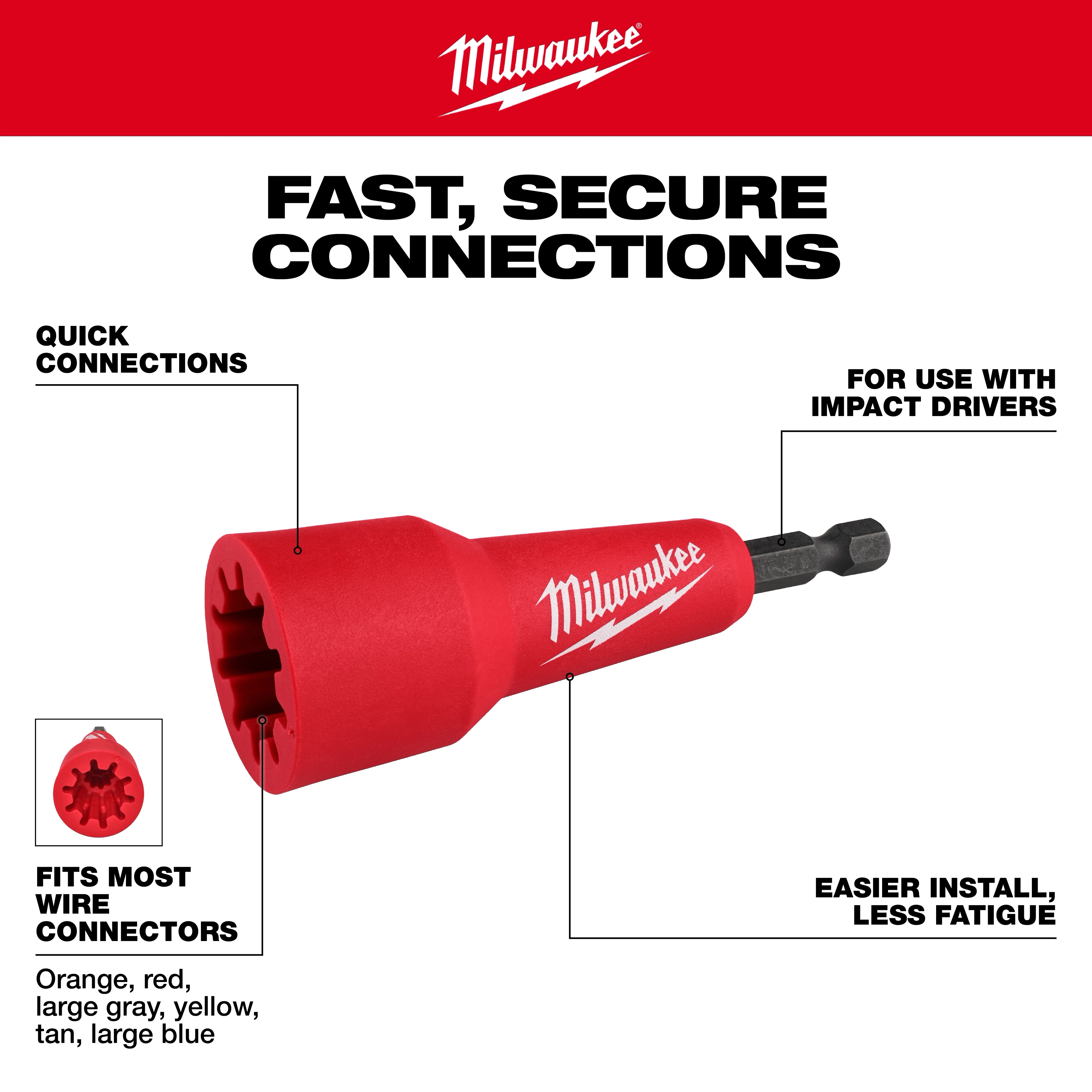 The Milwaukee Wire Nut Twister is red, designed for impact drivers, and allows quick connections. It fits most wire nuts including orange, red, large gray, yellow, tan, and large blue. The product promotes easier installation with less fatigue.