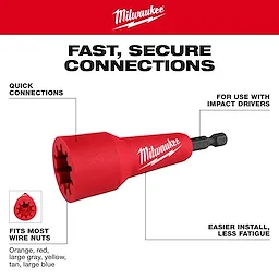 The Milwaukee Wire Nut Twister is red, designed for impact drivers, and allows quick connections. It fits most wire nuts including orange, red, large gray, yellow, tan, and large blue. The product promotes easier installation with less fatigue.