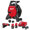 This image shows a Milwaukee drain snake kit, including the main red and black snake device, two M12 batteries, a charger, two attachment heads, and a strap.