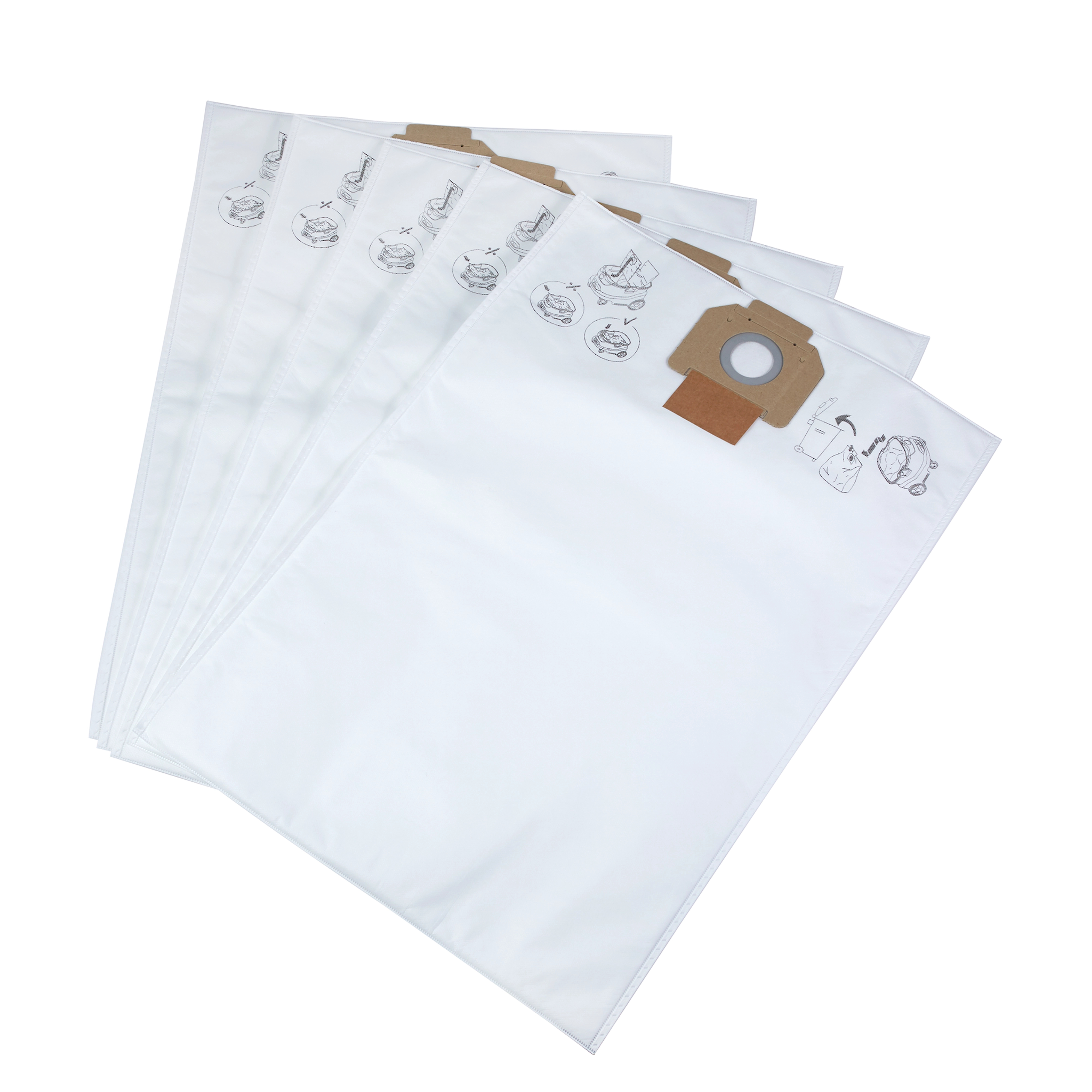 Five white vacuum bags with cardboard collars and illustrated instructions for installation, labeled Vacuum Bags.