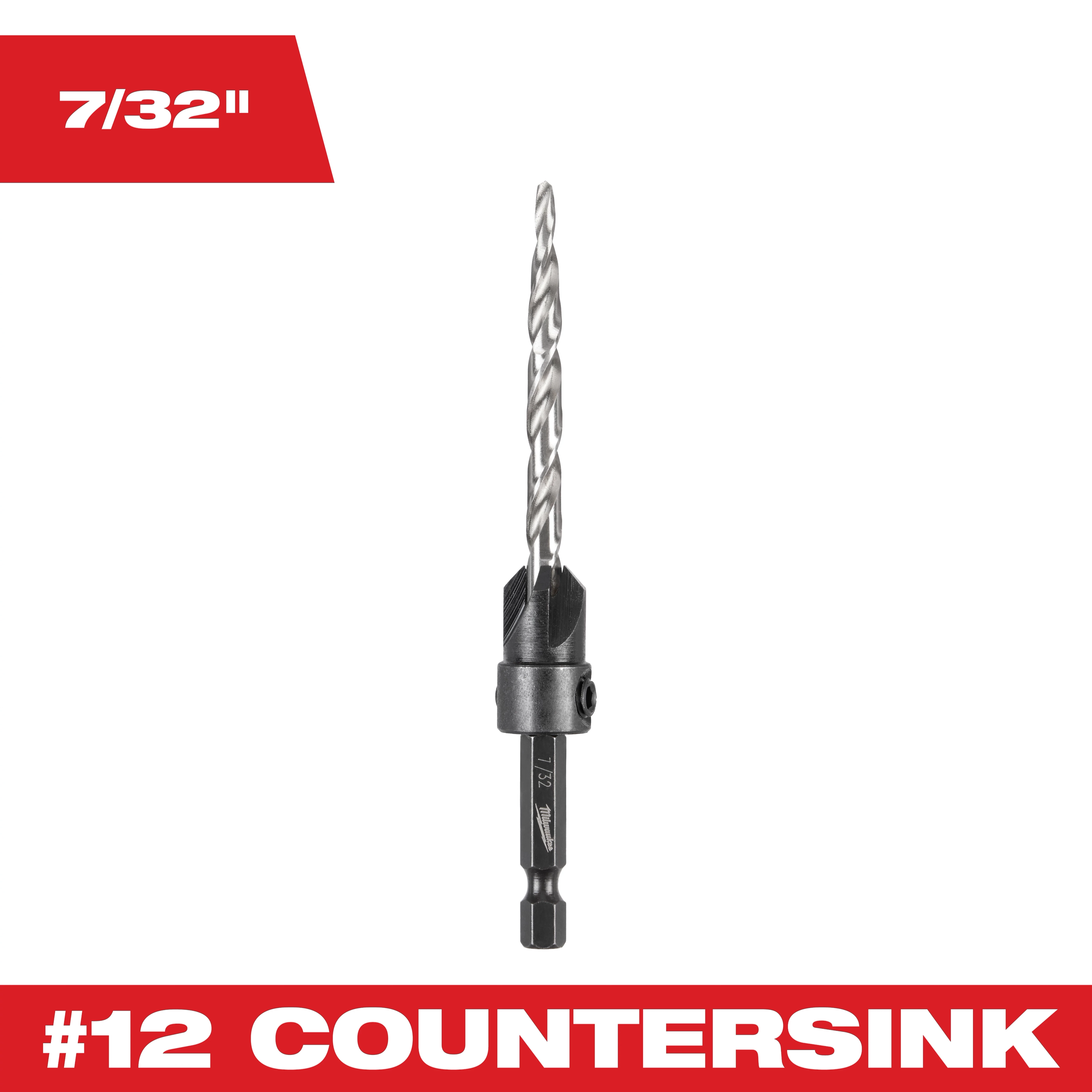 #12 Countersink with 7/32 inch bit, featuring spiral flutes for precision drilling. Displayed vertically on a white background with red text above and below indicating the bit size and product name.