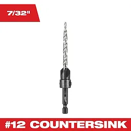 #12 Countersink with 7/32 inch bit, featuring spiral flutes for precision drilling. Displayed vertically on a white background with red text above and below indicating the bit size and product name.