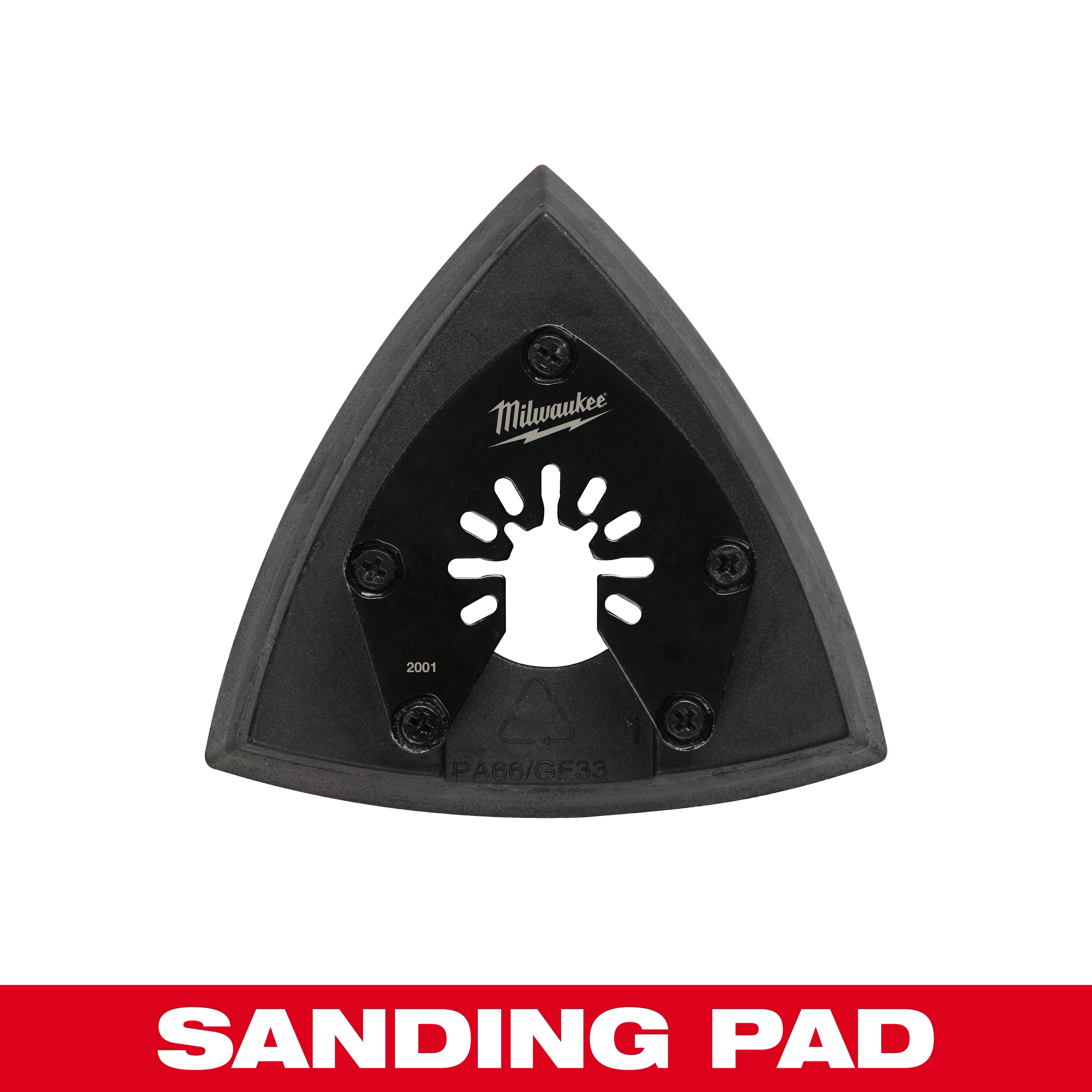 Milwaukee 49-25-2001 OMT sanding pad with triangular shape, black color, and mounting holes. Red text at the bottom reads "SANDING PAD."