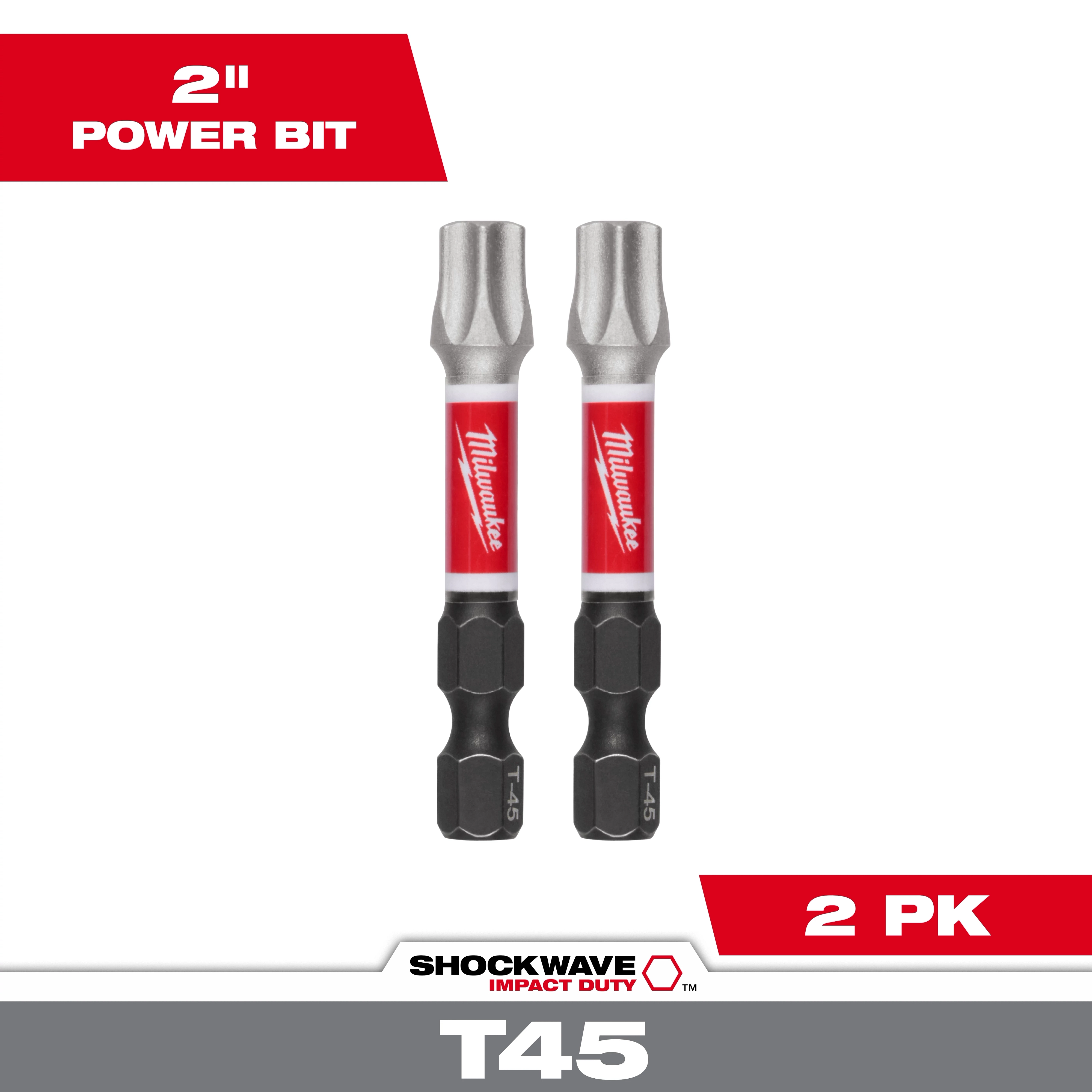 The image shows two 2-inch SHOCKWAVE Impact Duty T45 Impact Bits by Milwaukee, packaged in a set of two. The bits are labeled with "Milwaukee" in red and black text on a silver and black body. They are designed for high durability in impact driver applications.