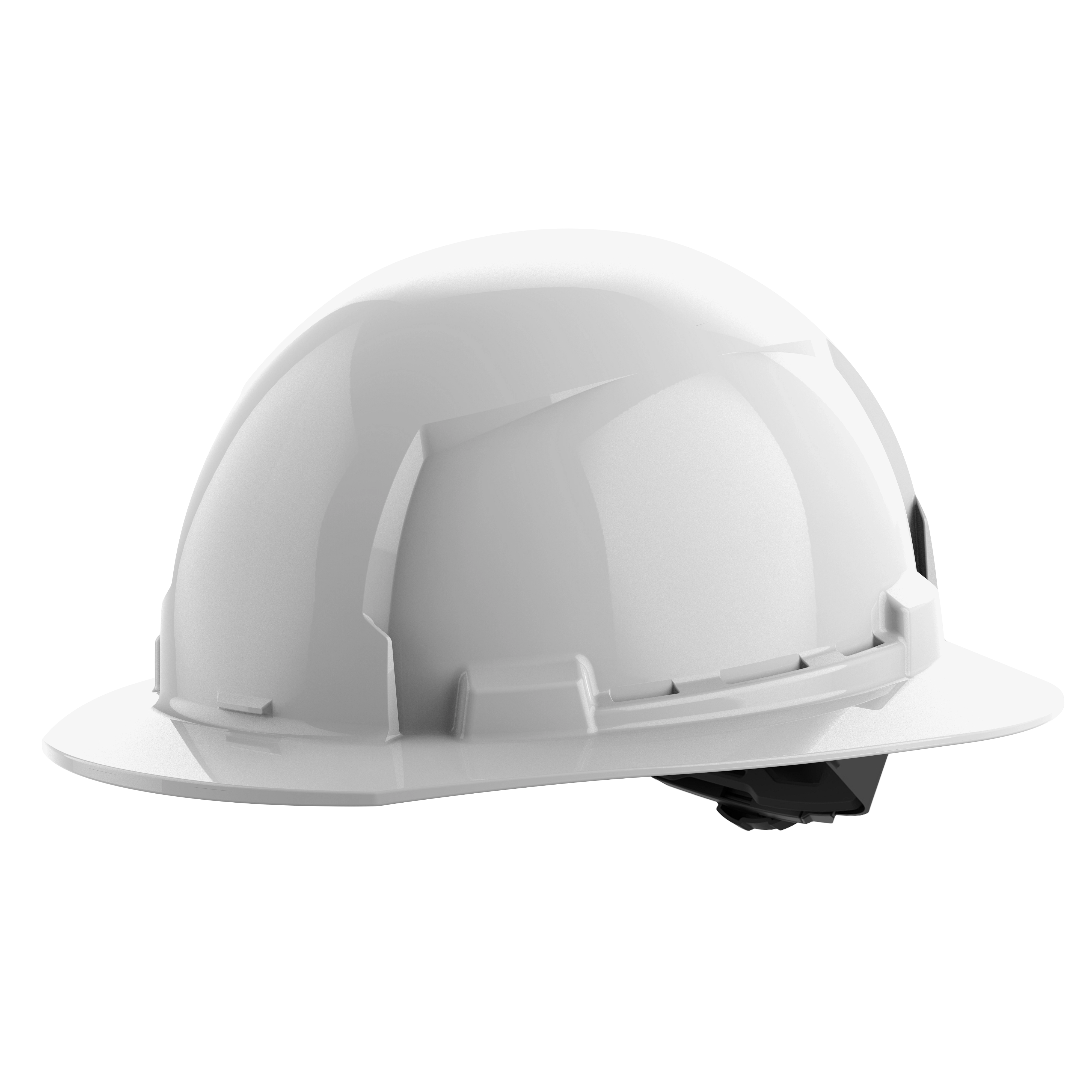 BOLT White Full Brim Hard Hat w/4pt Ratcheting Suspension (USA) - Type 1, Class E on a plain background
