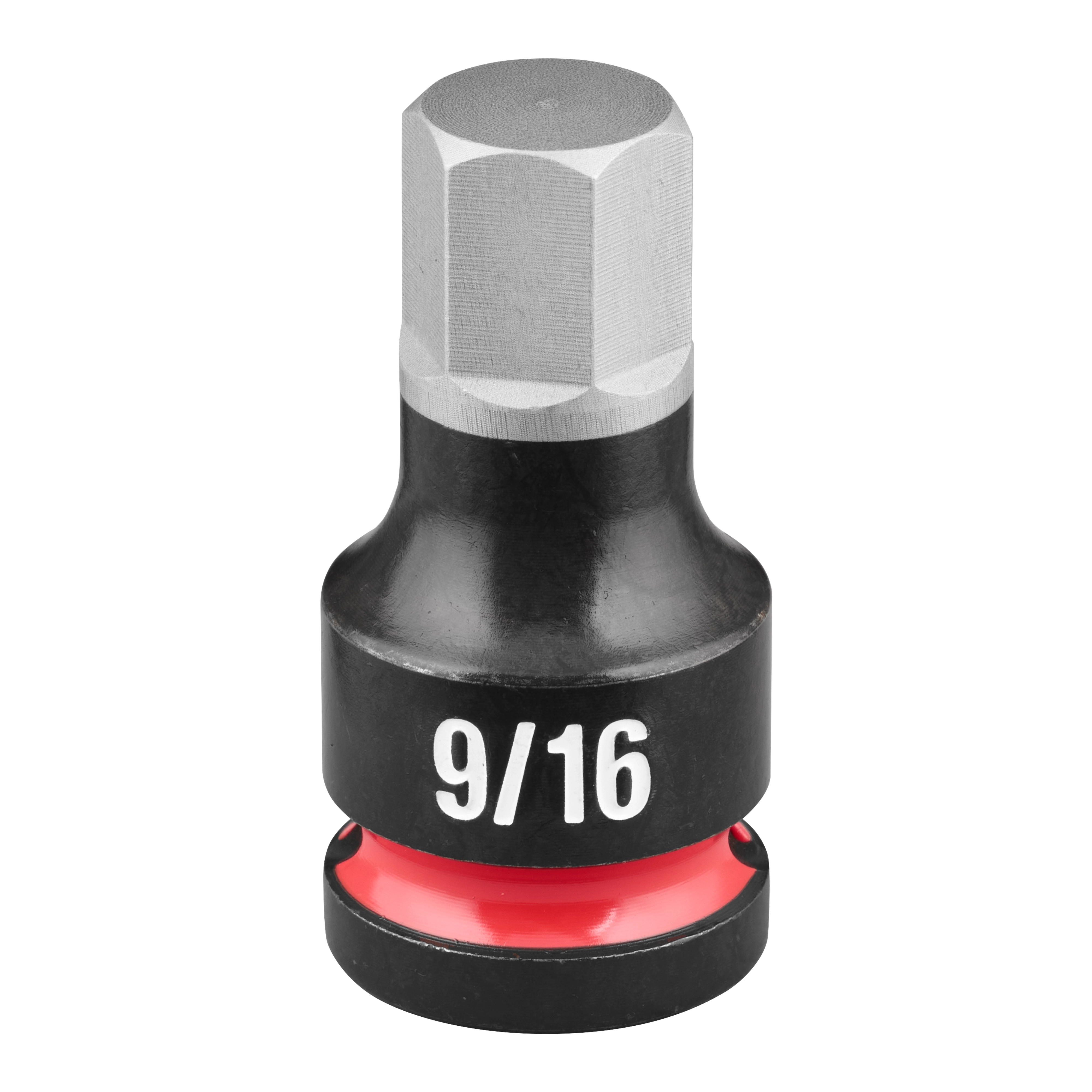 SHOCKWAVE Impact Duty 1/2" Drive 2" Hex 9/16" Bit Socket is a durable, black metal tool with a hexagonal tip and red ring at the base.