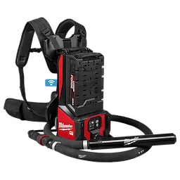Milwaukee MX FUEL™ Backpack High Cycle Concrete Vibrator w/ 7' Whip / 1.75" Head. The product features a black and red backpack with straps, a control panel, and a connected whip for vibration, designed for concrete work.