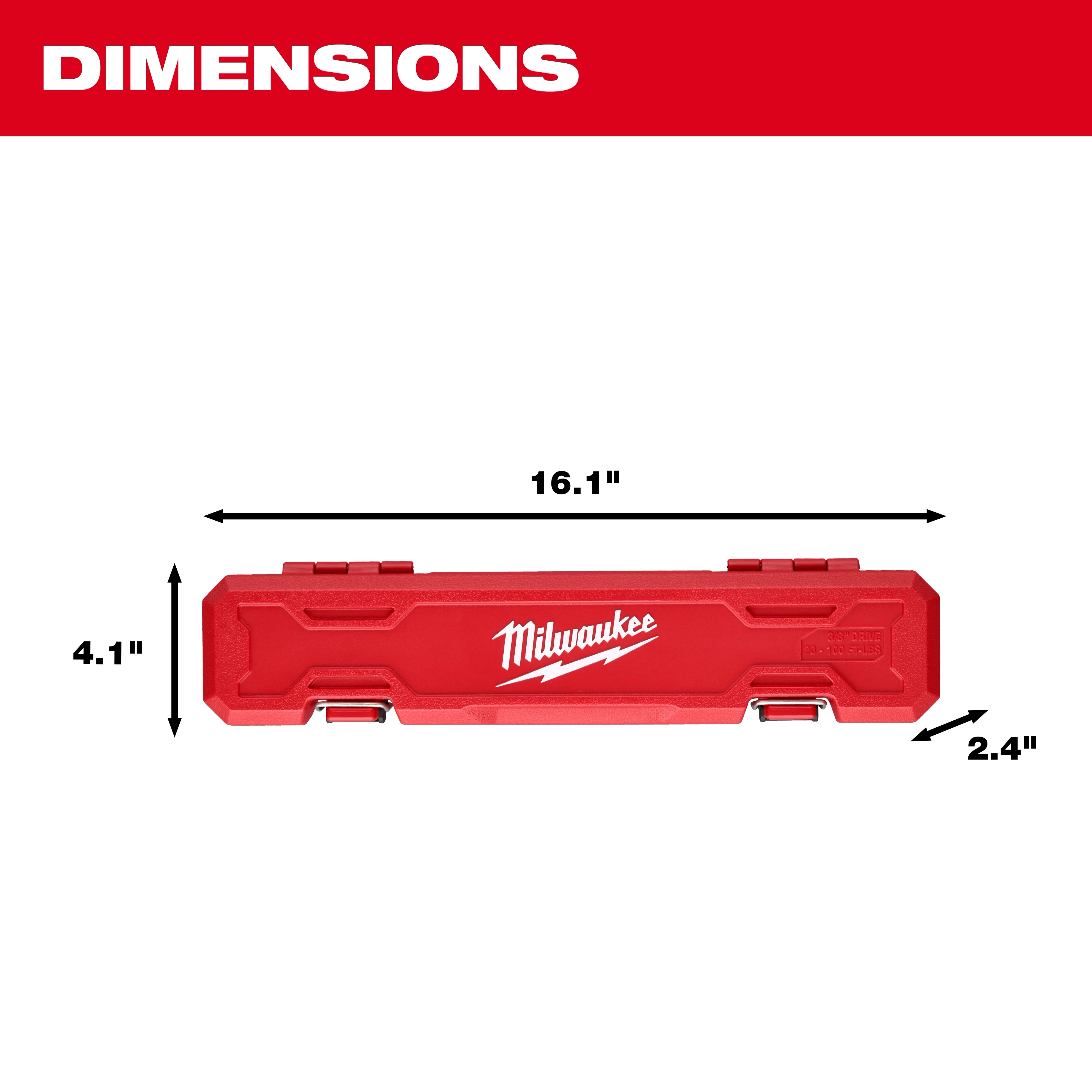 Red storage case for 3/8” Drive Click Torque Wrench (20-100 ft·lbf) with dimensions labeled: 18.11" x 4" x 2.4".