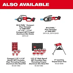 M18 Brushless Pipe Threading Oiler displayed among red and black pipe threading tools and accessories.