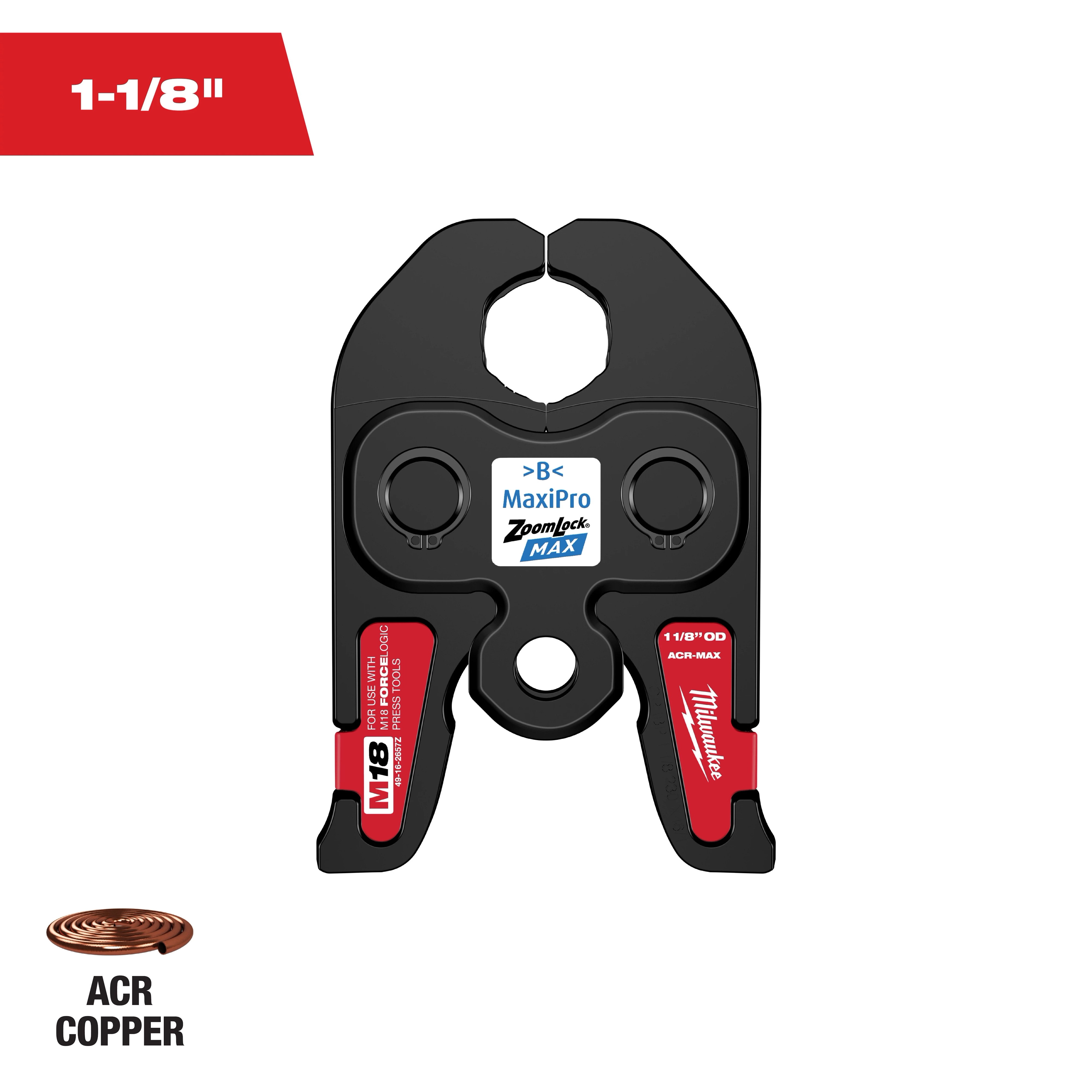 This is an image of a Milwaukee 1-1/8 inch ACR Copper crimping jaw tool designed for use with MaxiPro ZoomLock MAX fittings. The jaw is black with red accents and features the label "M18" and "MaxiPro ZoomLock MAX." A copper coil icon labeled "ACR Copper" is at the bottom left.