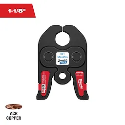 This is an image of a Milwaukee 1-1/8 inch ACR Copper crimping jaw tool designed for use with MaxiPro ZoomLock MAX fittings. The jaw is black with red accents and features the label "M18" and "MaxiPro ZoomLock MAX." A copper coil icon labeled "ACR Copper" is at the bottom left.