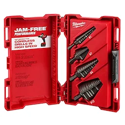 Milwaukee Step Drill Bit Set features four black step drill bits labeled #1, #7, #4, and #12 in a red plastic case. The case promotes jam-free performance, optimized for high-speed cordless drills. The white and red text provides multilingual descriptions of the performance features.