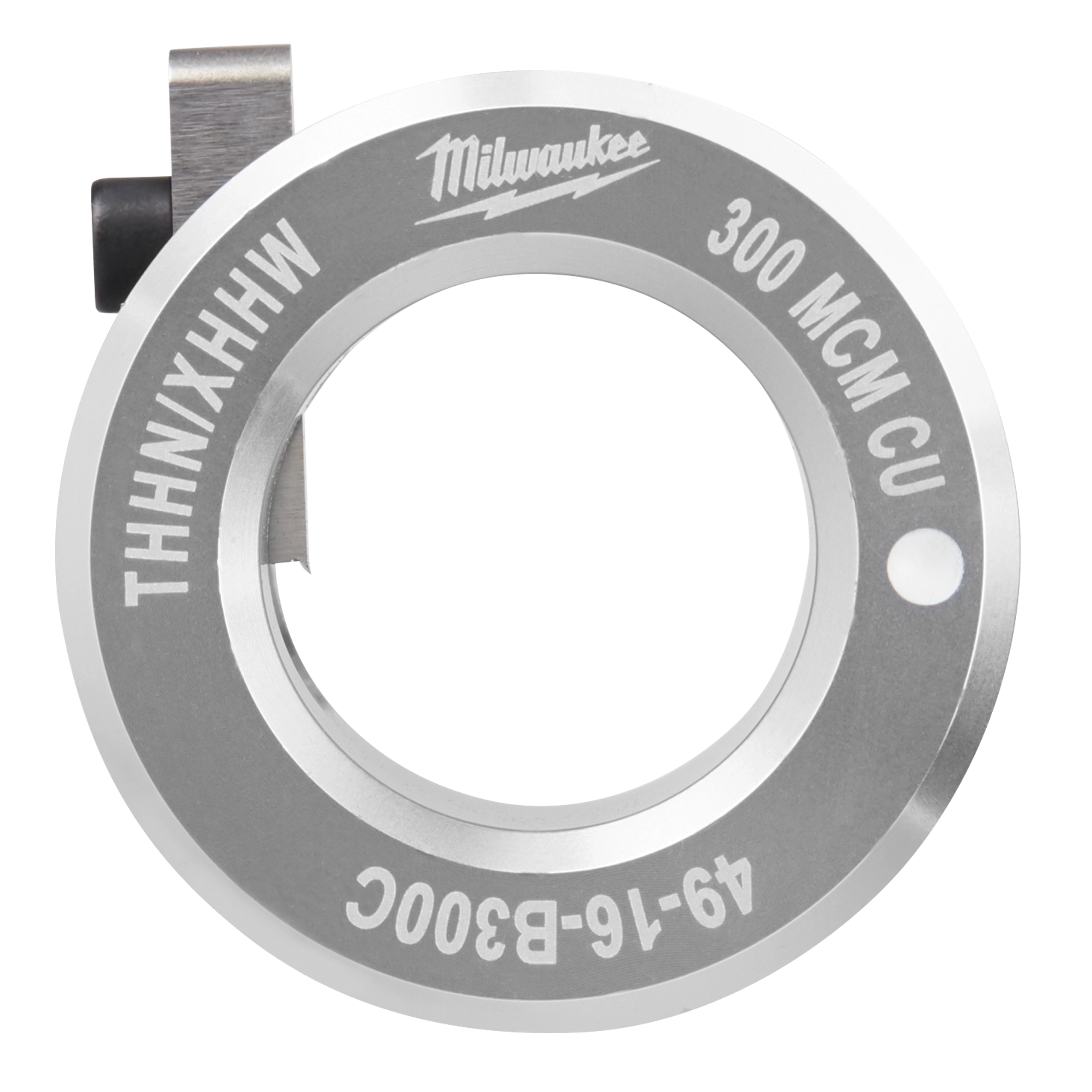 Milwaukee 49-16-B300C die for THHN/XHHW wire, labeled 300 MCM CU. Circular metallic tool for industrial use.
