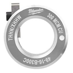 Milwaukee 49-16-B300C die for THHN/XHHW wire, labeled 300 MCM CU. Circular metallic tool for industrial use.