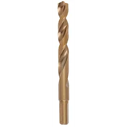 The RED HELIX™ Cobalt 7/16" Drill Bit features a spiral design with a gold finish, optimized for cutting through metal. The bit's durable cobalt material ensures longevity and efficient drilling performance. Its fluted design aids in removing debris, enhancing the tool's effectiveness.