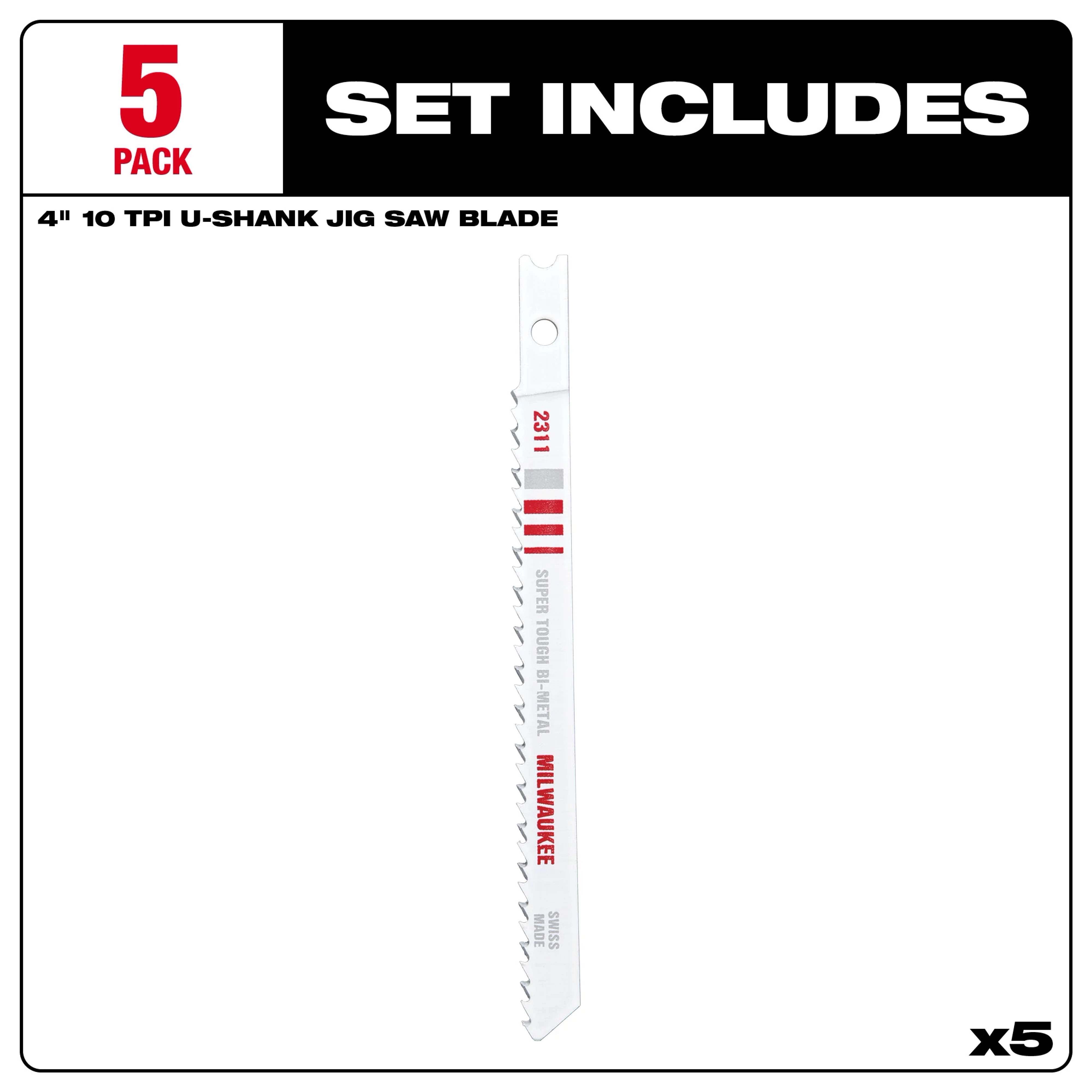 4" 10TPI U-Shank Wood Bi-Metal Jig Saw Blades 5PK, featuring a single white blade with red and gray text, in a set of five.
