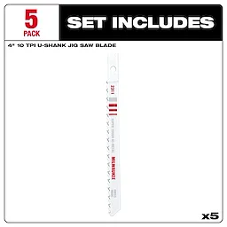 4" 10TPI U-Shank Wood Bi-Metal Jig Saw Blades 5PK, featuring a single white blade with red and gray text, in a set of five.