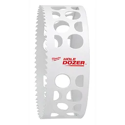 RANGE OF Hole Dozer Bi-Metal Hole Saw 5-1/4 is a white saw blade with multiple round holes and jagged teeth.