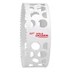 RANGE OF Hole Dozer Bi-Metal Hole Saw 5-1/4 is a white saw blade with multiple round holes and jagged teeth.