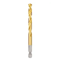 Red Helix Titanium Impact Drill Bit is a gold-colored drill bit with a spiral design for enhanced cutting efficiency. The bit has a hexagonal base for secure attachment to impact drivers. Suitable for heavy-duty drilling tasks, the titanium coating increases durability and resistance to wear.