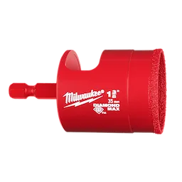 Milwaukee 1-3/8" Diamond Max Hole Saw Bit features a red body with diamond coating for cutting abrasive materials.