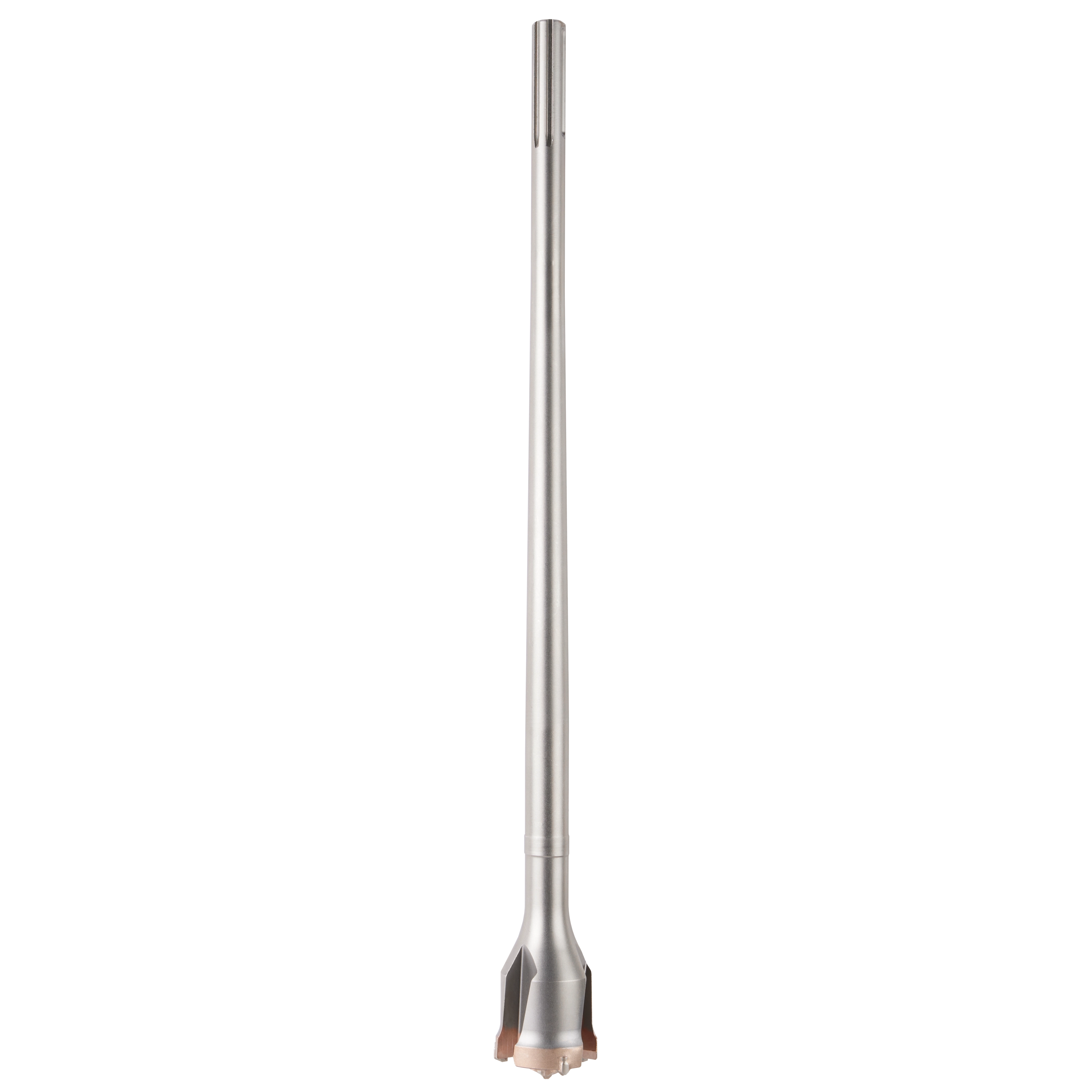 SDS-MAX Tunnel Bit, 2-1/8" X 22", shown vertically with a silver body and specialized cutting head designed for drilling tunnels.