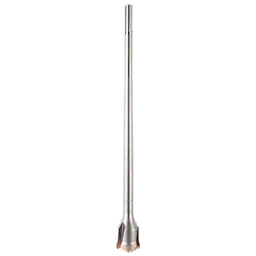 SDS-MAX Tunnel Bit, 2-1/8" X 22", shown vertically with a silver body and specialized cutting head designed for drilling tunnels.