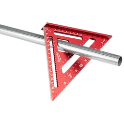 180mm Rafter Square in red, featuring measurement markings and a metal pipe placed through its central cutout.