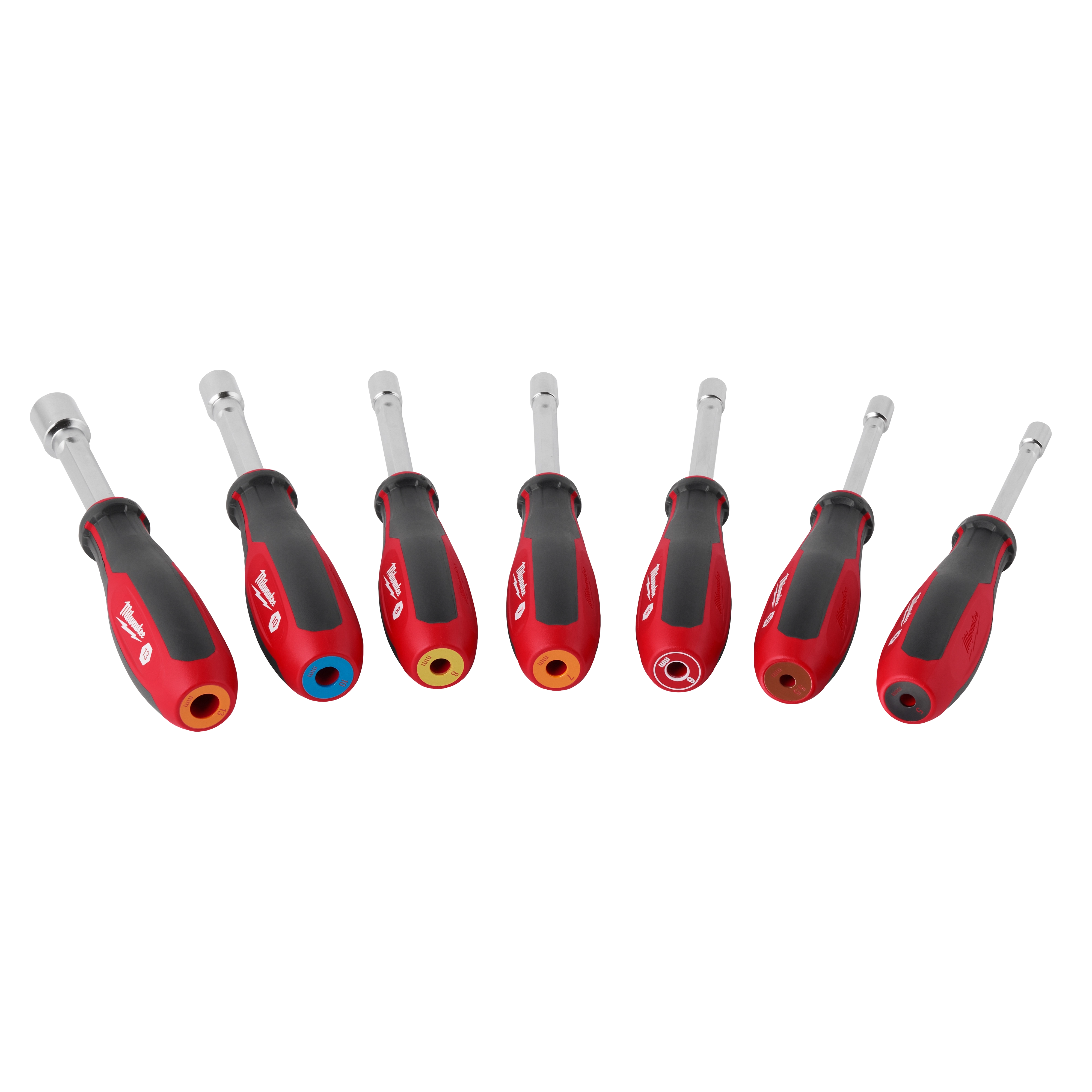 7-piece Metric HollowCore Magnetic Nut Driver Set with red and black handles, color-coded ends, and visible brand logos.